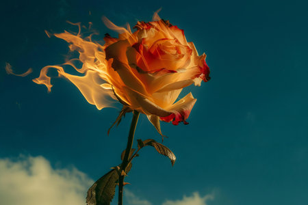 Beautiful orange rose on a background of blue sky with clouds.の素材