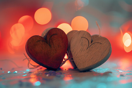 Two wooden hearts on bokeh background. Valentines day concept.の素材