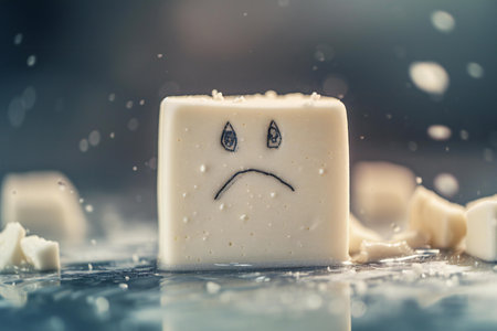 Broken white soap with a sad face on a dark background.の素材