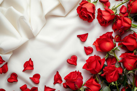 Valentine's day background with red roses on white silk fabricの素材
