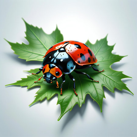 ladybug on green leaf on a white backgroundの素材