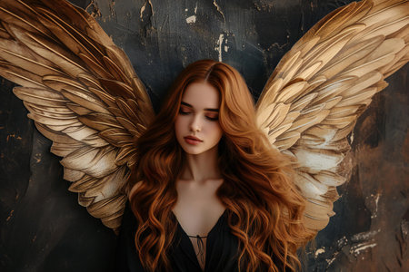Portrait of a beautiful girl with red hair and angel wings on a dark background.の素材