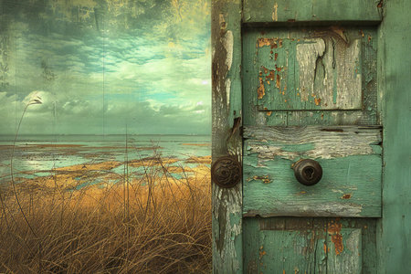 Wooden door to the sea. Photo in old color image style.の素材