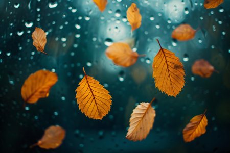 Autumn leaves falling from the window with rain drops. Natural backgroundの素材