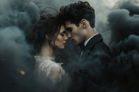 Wedding couple in smoke. Bride and groom in smoke.の素材