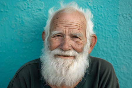 Portrait of an old man with a white beard on a blue backgroundの素材