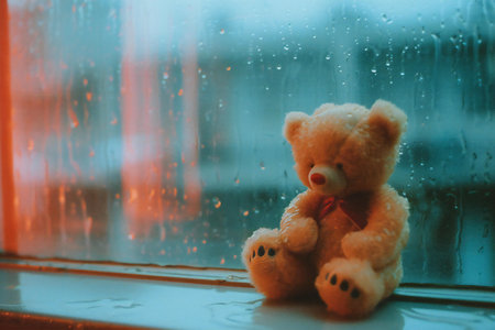Teddy bear sitting on the windowsill with raindrops on the glass.の素材