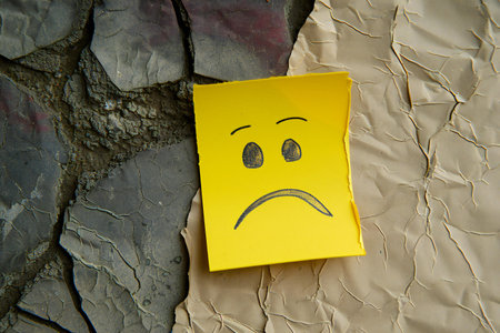 Yellow Sticky Note with Sad Face on Crumpled Paper Backgroundの素材