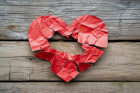 Heart made of crumpled paper on wooden background, valentines day conceptの素材