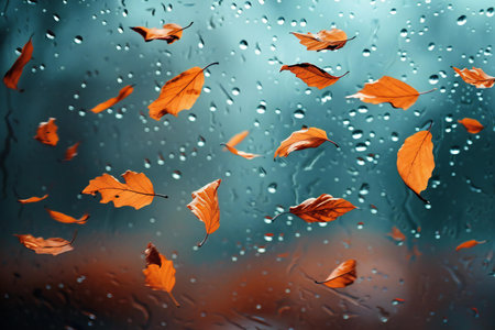 Autumn leaves on the window with raindrops. Nature background.の素材