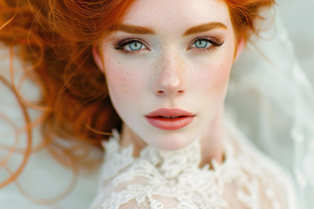 Close-up portrait of a beautiful red-haired girl with freckles.の素材