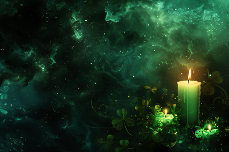 Beautiful St. Patrick's Day background with candles and clover leavesの素材