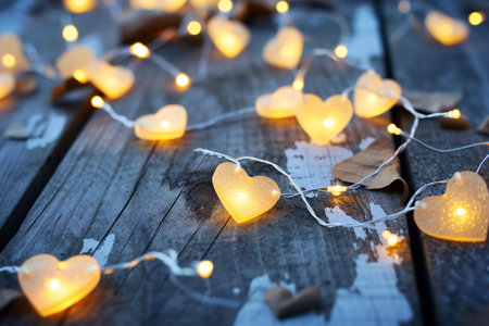 Valentines day background with heart shaped lights on wooden planksの素材