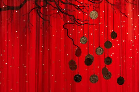 Christmas background with red curtain and gold coins on the branches of a treeの素材