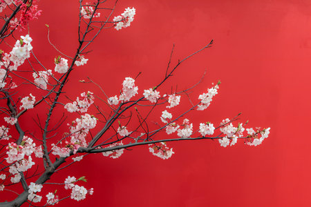 cherry blossom tree on red wall background with copy space.の素材