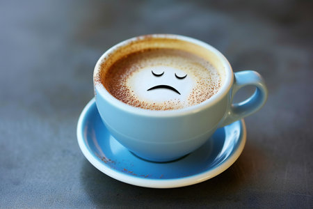 Coffee cup with sad face on milk foam on gray backgroundの素材