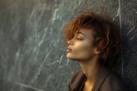 Photo pour Portrait of a beautiful young woman with curly red hair against the wall - image libre de droit