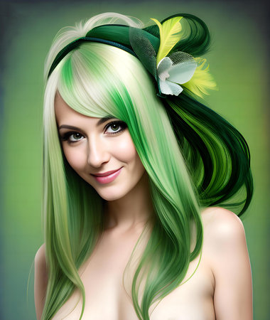 Portrait of beautiful young woman with green hair and flower in hairの素材