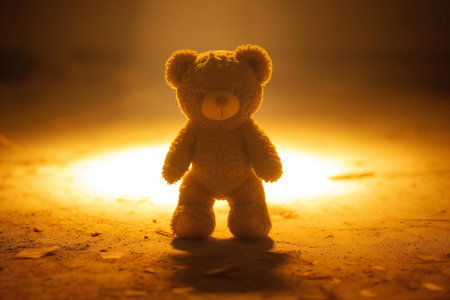 teddy bear doll sitting on the floor in the light of sunsetの素材