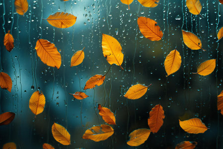 Autumn leaves on a window with raindrops. Beautiful natural backgroundの素材