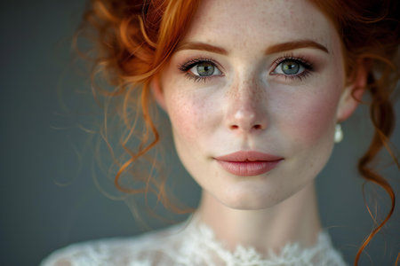 Portrait of beautiful redhead girl with freckles on faceの素材