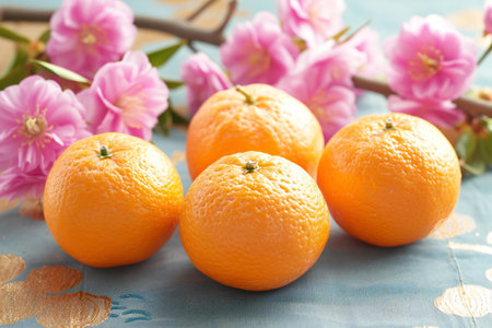 Fresh tangerines and flowers on blue tablecloth, closeupの素材