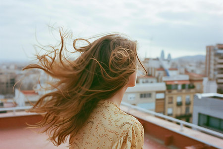 Beautiful girl with flying hair on the background of the city.の素材