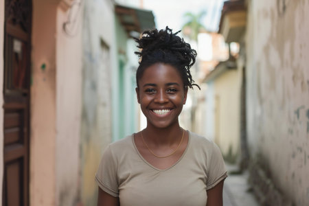Portrait of beautiful young african american woman smiling at cameraの素材