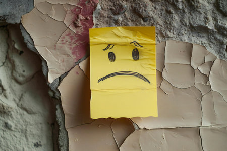 Yellow sticky note with sad smiley face on cracked wall background.の素材
