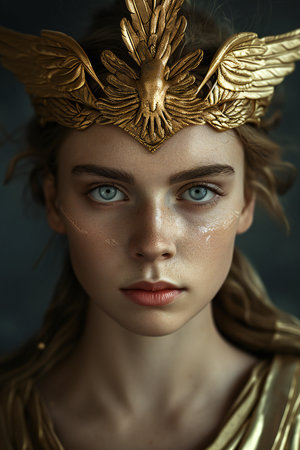 Portrait of a beautiful girl in a golden crown. Beauty, fashion.の素材