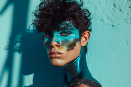 Portrait of young beautiful woman with creative make up and bodyartの素材