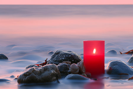 Burning candle on the seashore with pebbles.の素材