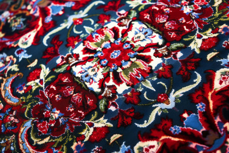 Texture, background, pattern. Fabric with a pattern of red and blue flowersの素材