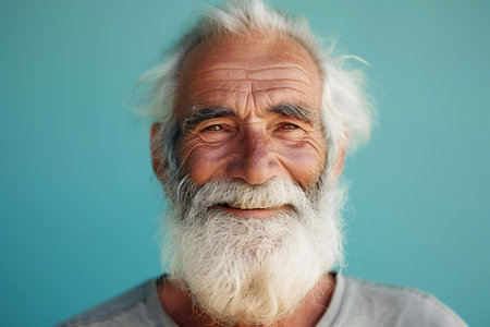 Portrait of an old man with white beard on a blue backgroundの素材