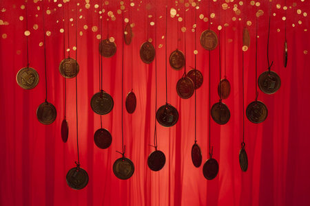 Gold coins on the red curtain background. Chinese new year concept.の素材