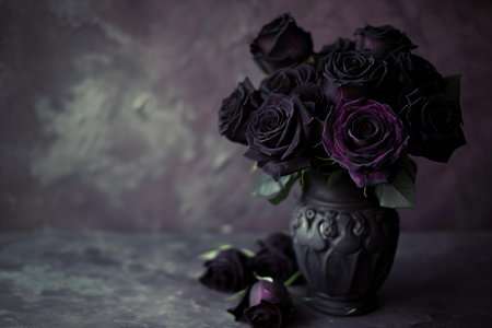 Dark purple roses in a vase on a dark background. Toned.の素材