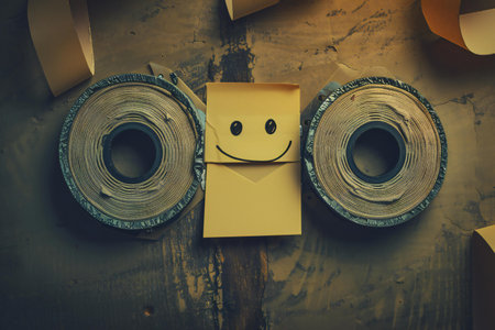 Sticky note with smiley face and envelope on old wooden backgroundの素材