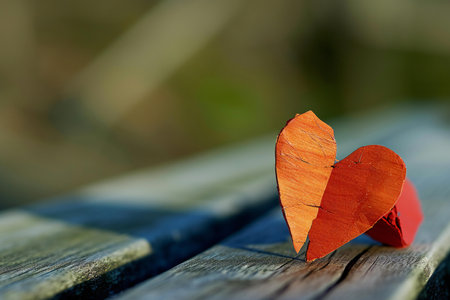 Two red hearts on a wooden bench in the park. Shallow depth of field.の素材
