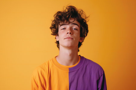 Portrait of a cute teenager boy with curly hair over yellow backgroundの素材