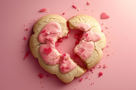 Heart shaped cookie on pink background. Valentines day concept. Top view.の素材