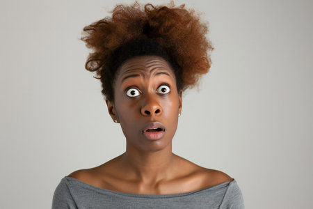 Close up portrait of a shocked african american woman looking at cameraの素材