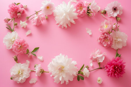 Frame made of beautiful flowers on color background, top view. Space for textの素材
