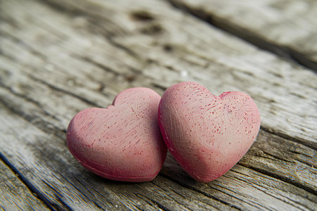 Two pink hearts on old wooden background, valentines day conceptの素材