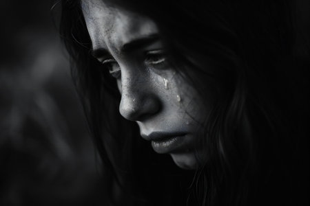 Portrait of a scary woman in the dark. Black and whiteの素材