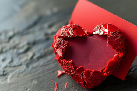 Red heart-shaped box in foil on a dark background. Valentine's Day.の素材