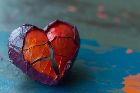 Heart-shaped crumpled paper on a painted wooden background.の素材