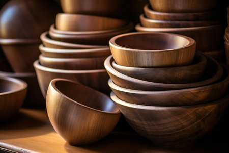 Wooden bowls in a shop on the street in the city.の素材