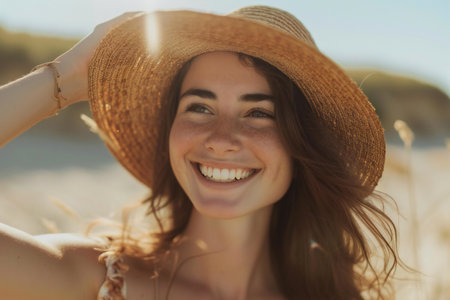 Portrait of a beautiful young woman in straw hat smiling on the beachの素材