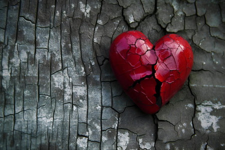 Broken heart on old wood background. Valentines day concept.の素材