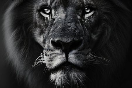 Portrait of a male lion. Black and white photo. Macro.の素材